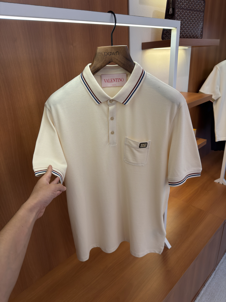 Valentino Krem Logo İşlemeli Polo Yaka T-shirt
