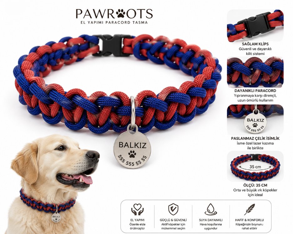 PawRoots El Yapımı Paracord Köpek Tasması + paslanmaz çelik isimlik