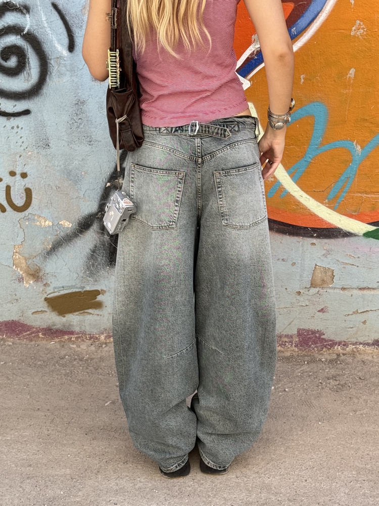 ARKASI KEMERLİ KİRLİ YEŞİL BAGGY JEAN