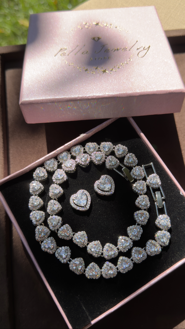 Luxury Halo Tennis LOVE Kolye - Küpe Set 