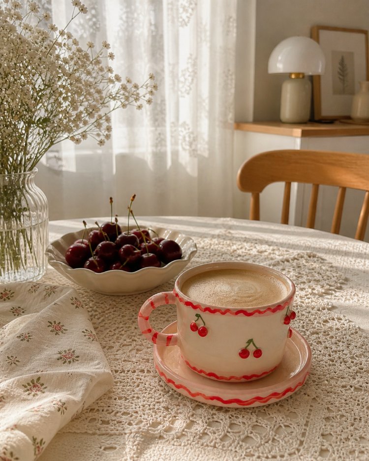 Kiraz Kahve Fincanı ve Alt Tabak