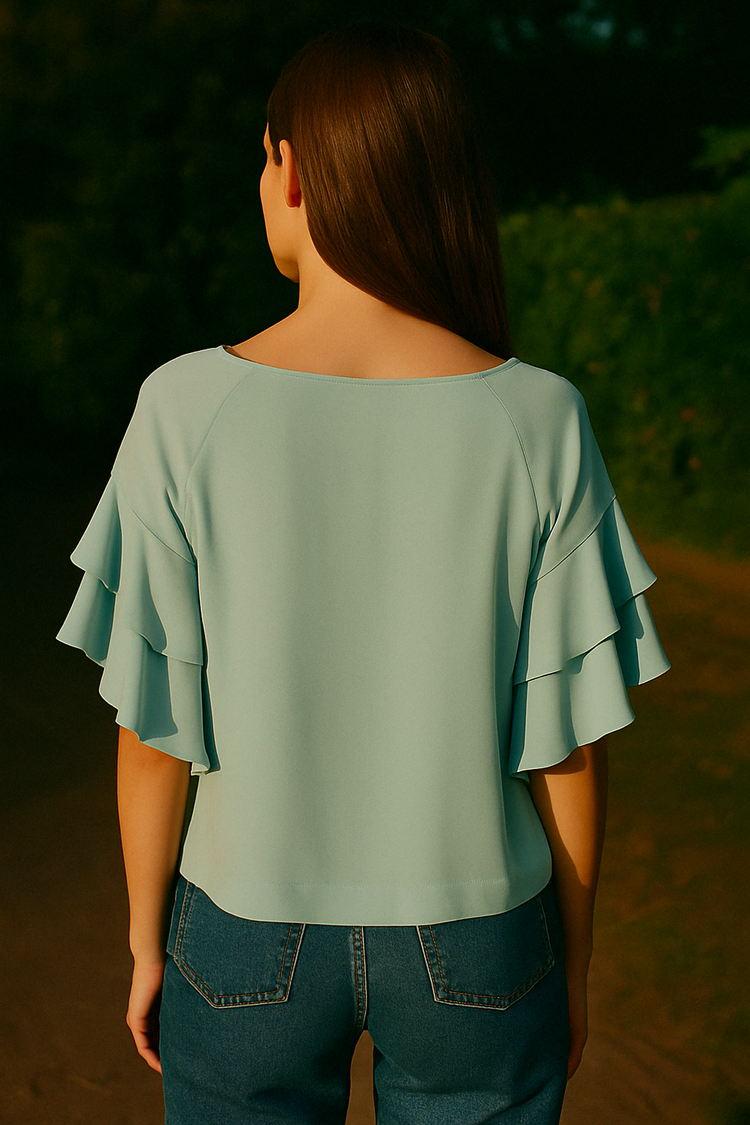 M&S Collection Açık Mavi Volan Kol Bluz - V Yaka, Yumuşak Kumaş