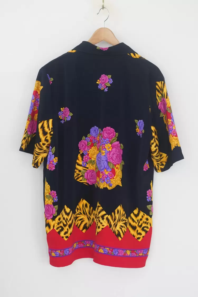 Vintage Desenli Renkli Gömlek – Leopar & Çiçek Baskı, Kısa Kollu Unisex Model