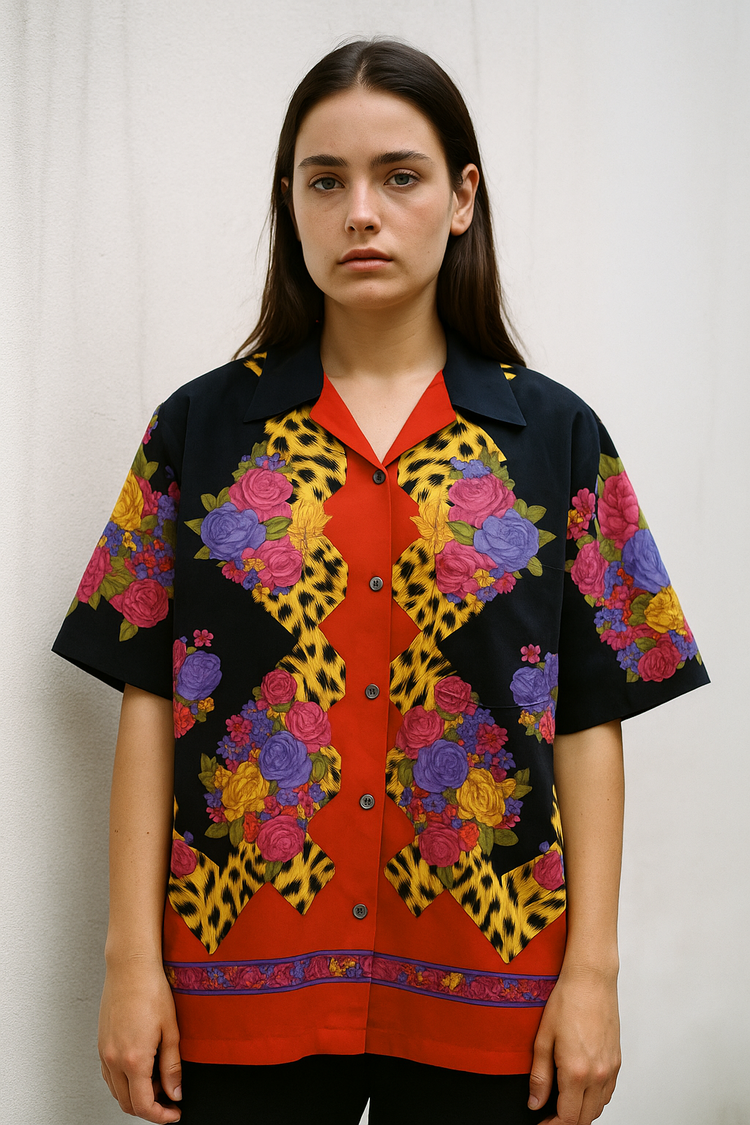 Vintage Desenli Renkli Gömlek – Leopar & Çiçek Baskı, Kısa Kollu Unisex Model