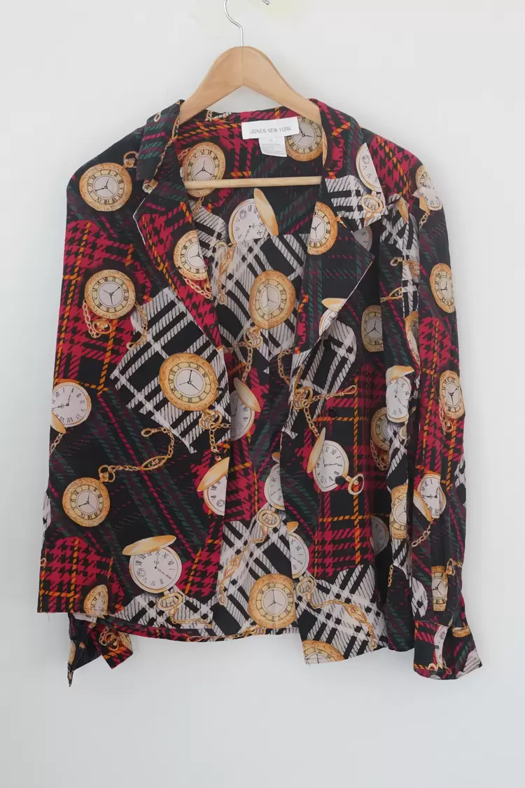 Jones New York Vintage İpek Gömlek – Cep Saati Desenli, Oversize, %100 Silk