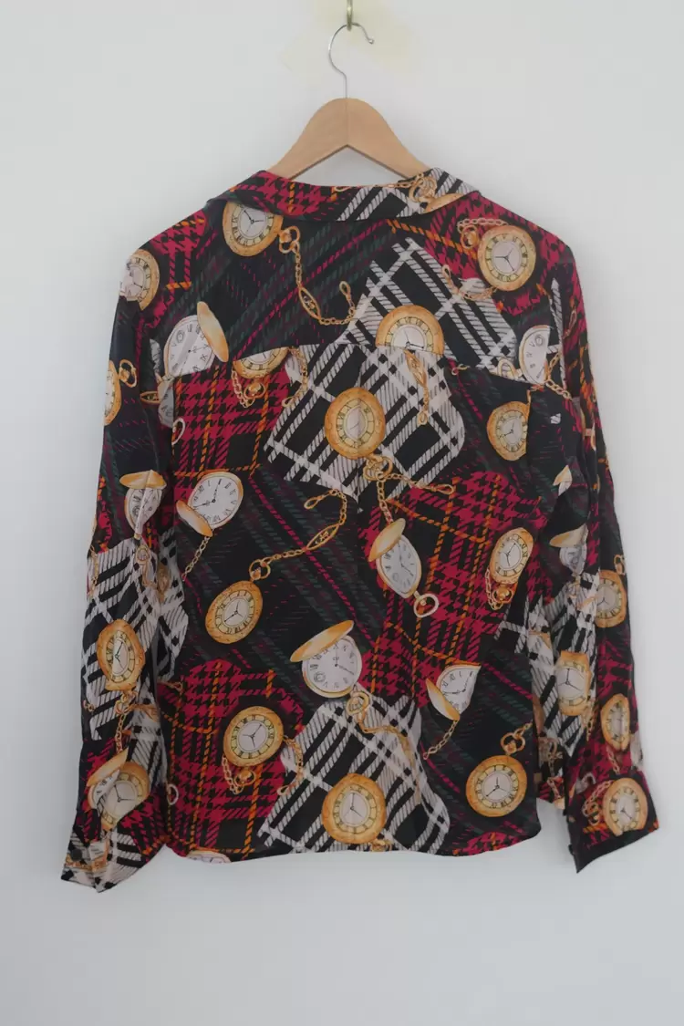 Jones New York Vintage İpek Gömlek – Cep Saati Desenli, Oversize, %100 Silk