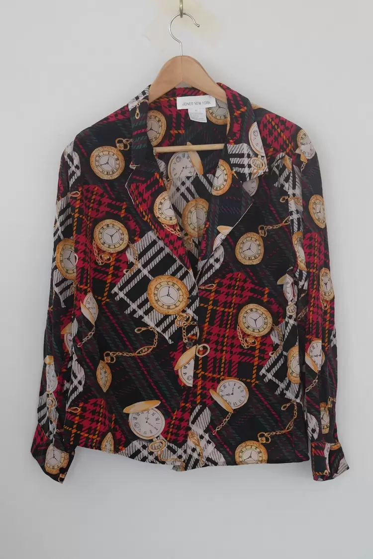 Jones New York Vintage İpek Gömlek – Cep Saati Desenli, Oversize, %100 Silk