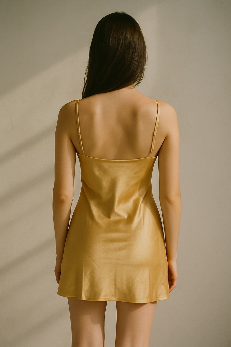 Ayla Dümer Özel Dikim Altın Saten Slip Elbise – Minimalist & Şık Tasarım – Tek Parça