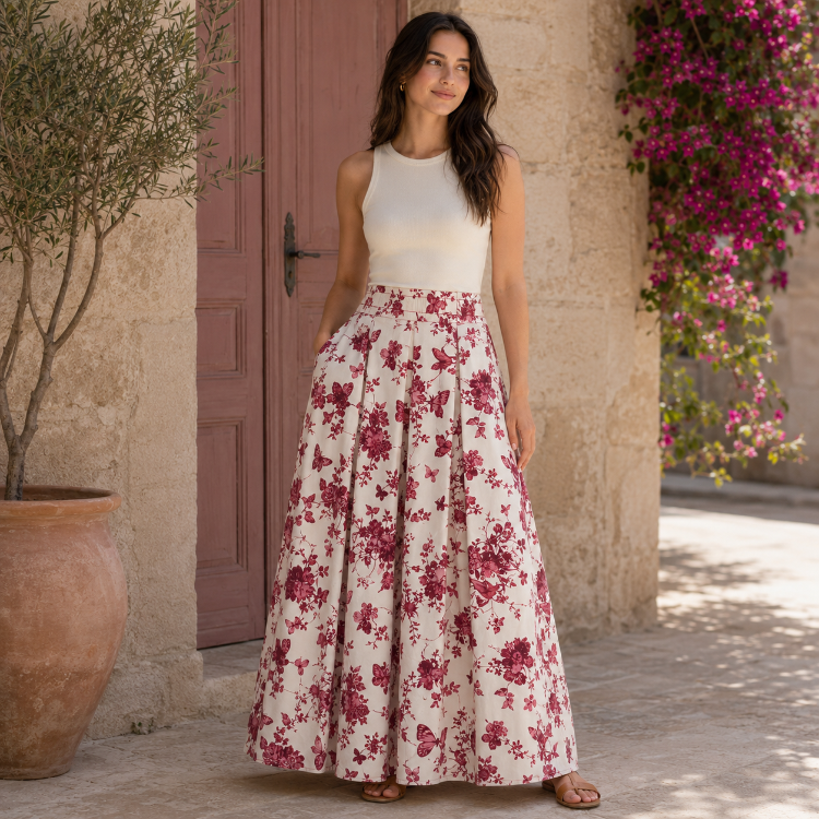 Giardino Rosso %100 Pamuk Maxi Etek