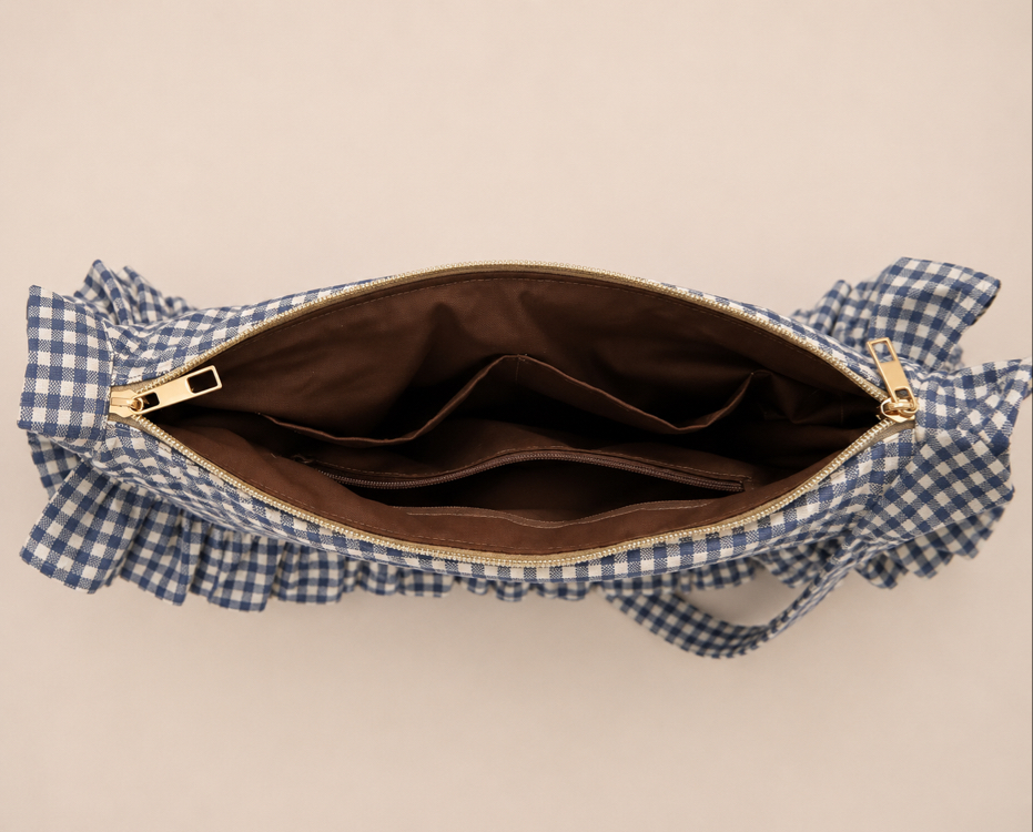 Mavi kareli ruffle bag