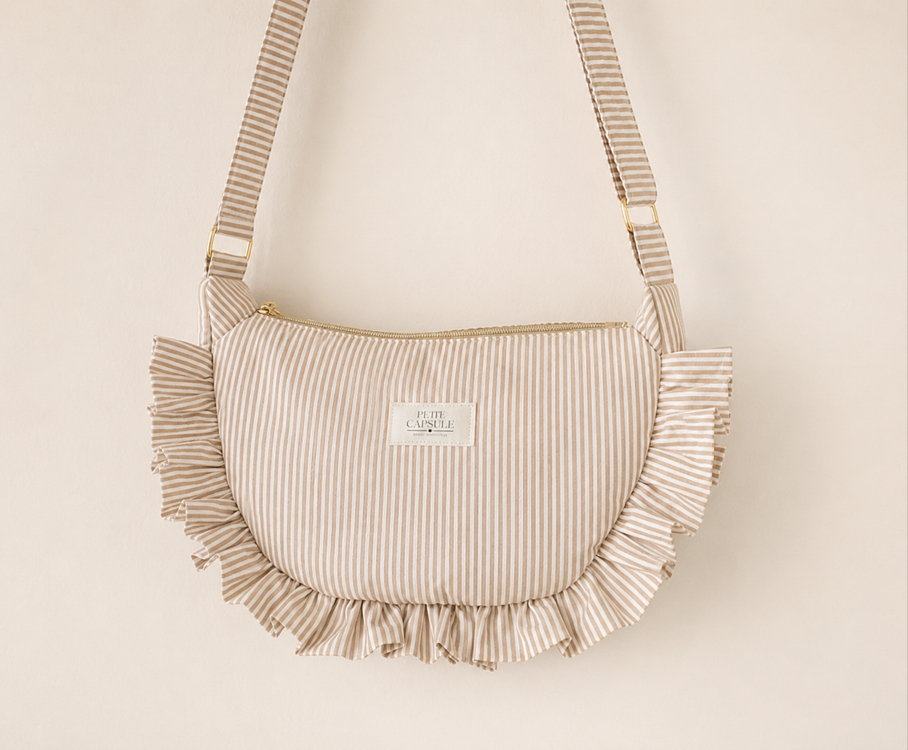 Bej çizgili ruffle bag