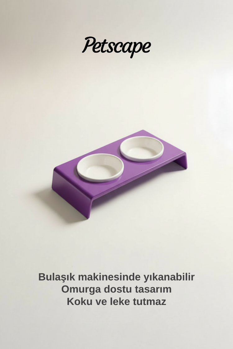 Petscape 2'li Yükseltilmiş Seramik Renkli Standlı Kedi Köpek Mama Su Kabı