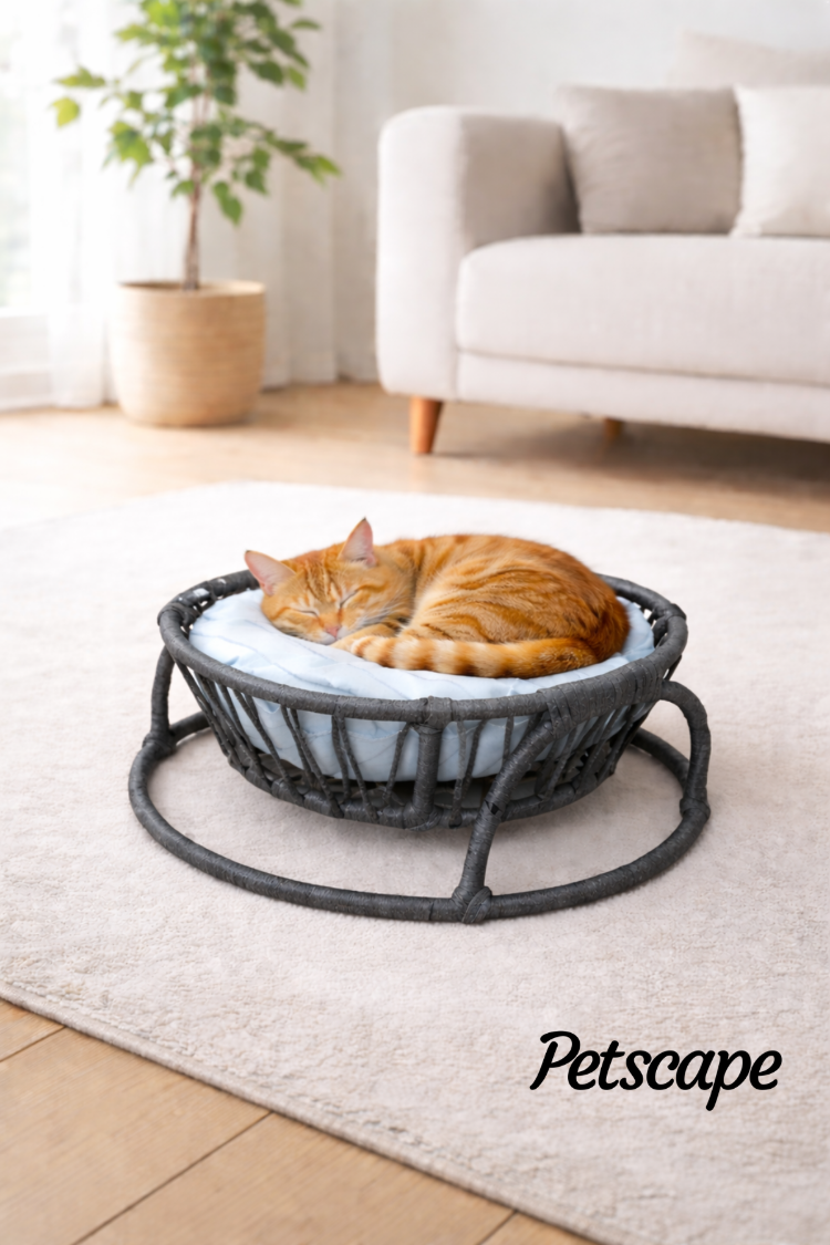 Petscape Yumuşak Minderli Hasır Kedi Köpek Yatağı Doğal Rattan Tasarım
