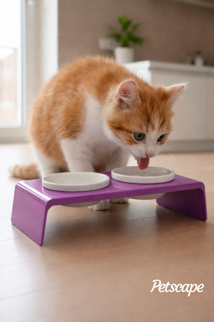 Petscape 2'li Yükseltilmiş Seramik Renkli Standlı Kedi Köpek Mama Su Kabı