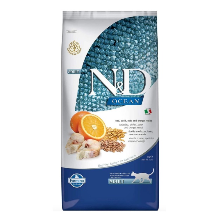 N&D Ocean Morina Balıklı ve Portakallı Ata Tahıllı Yetişkin Kedi Maması 10 kg