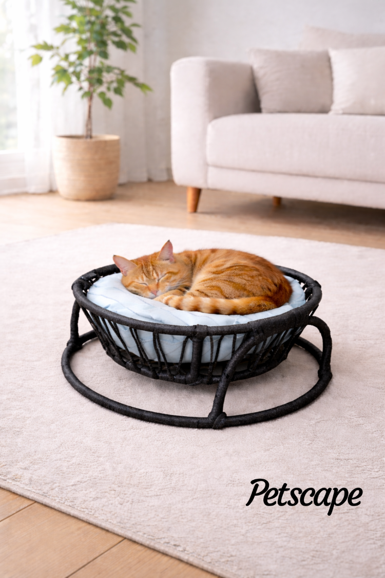 Petscape Yumuşak Minderli Hasır Kedi Köpek Yatağı Doğal Rattan Tasarım