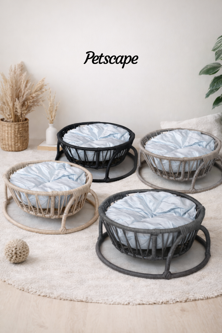 Petscape Yumuşak Minderli Hasır Kedi Köpek Yatağı Doğal Rattan Tasarım