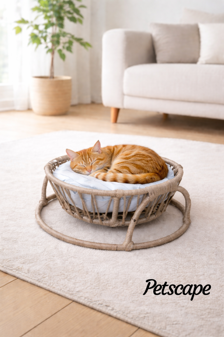 Petscape Yumuşak Minderli Hasır Kedi Köpek Yatağı Doğal Rattan Tasarım
