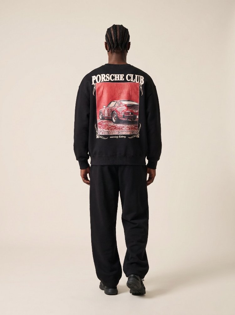 Porsche Club Klasik Araba Baskılı Oversize Sweatshirt – Siyah