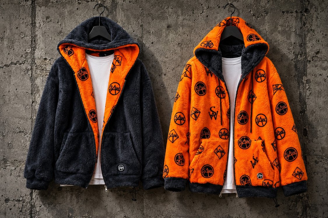 Çift Taraflı Peluş Oversize Mont – Turuncu / Siyah