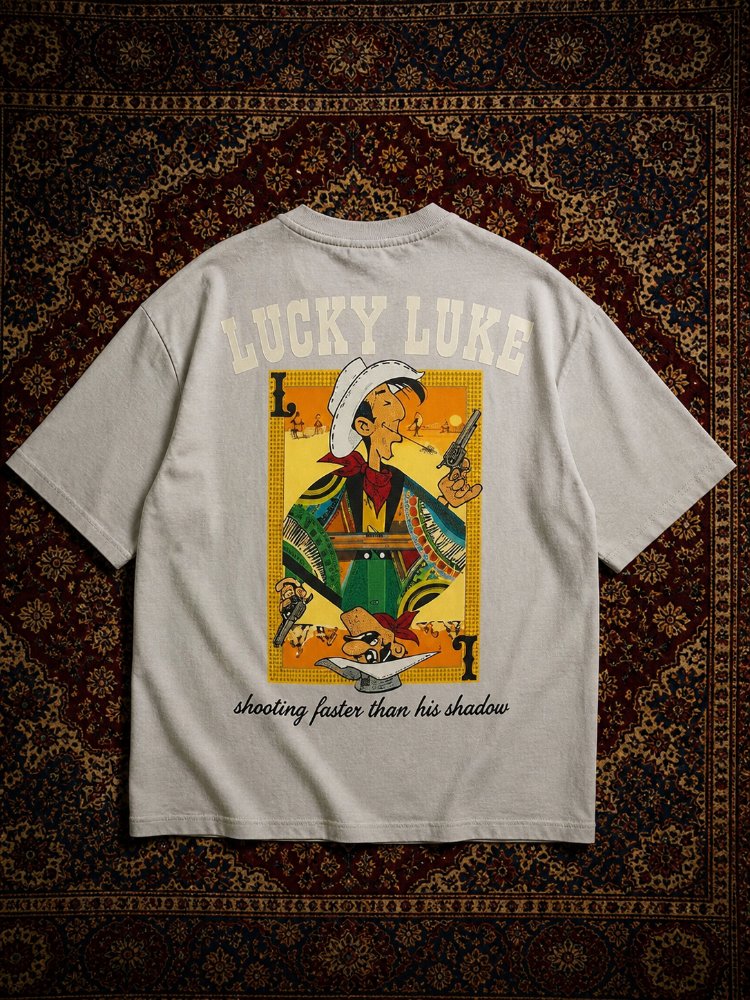 Lucky Luke Baskılı Oversize Gri Tişört – Vintage Western Style