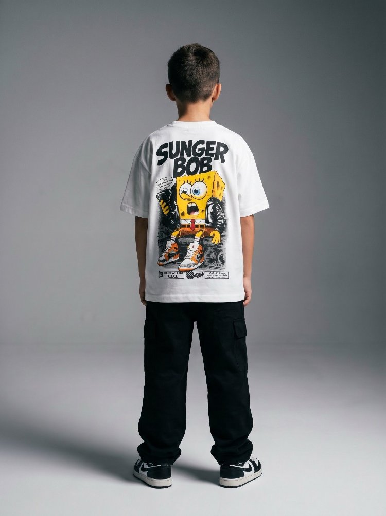 Çocuk Sunger Bob Grafik Baskılı Oversize Tişört – Turuncu Streetwear Model