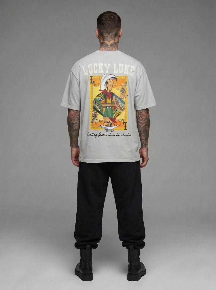 Lucky Luke Baskılı Oversize Gri Tişört – Vintage Western Style