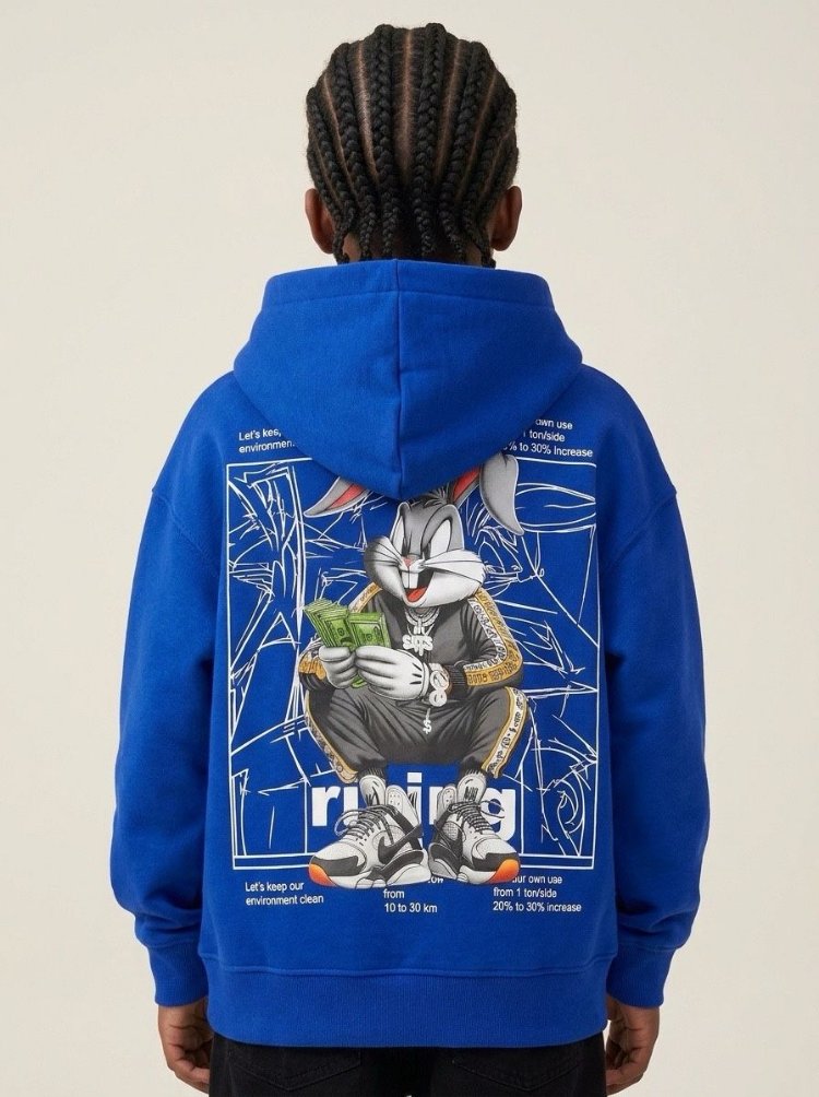 Çocuk Mavi Bugs Bunny Oversize Kapüşonlu Sweatshirt – Sırt Baskılı