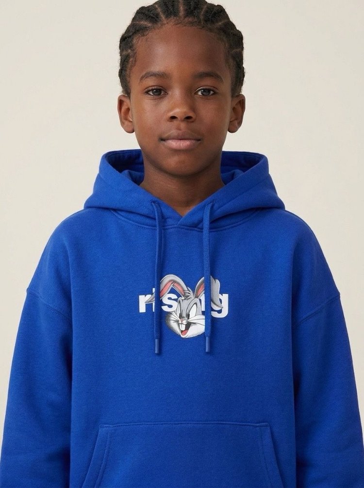 Çocuk Mavi Bugs Bunny Oversize Kapüşonlu Sweatshirt – Sırt Baskılı