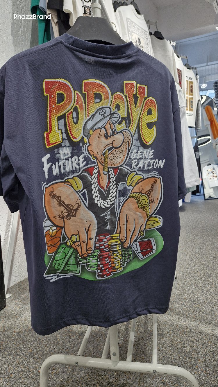 Popeye Poker Grafik Baskılı Oversize Siyah Tişört