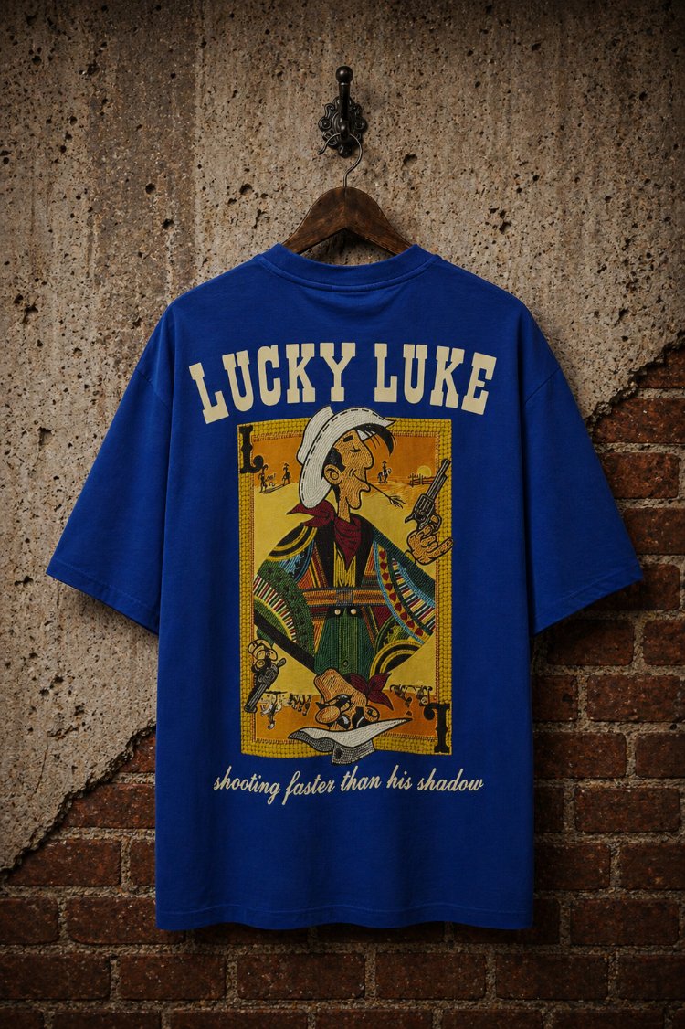Lucky Luke Baskılı Oversize Mavi Tişört – Vintage Western Style