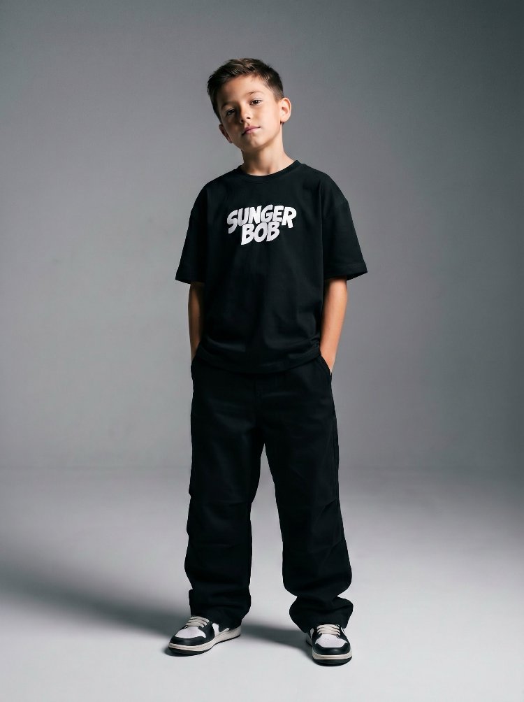 Çocuk Sunger Bob Grafik Baskılı Oversize Tişört – siyah Streetwear Model