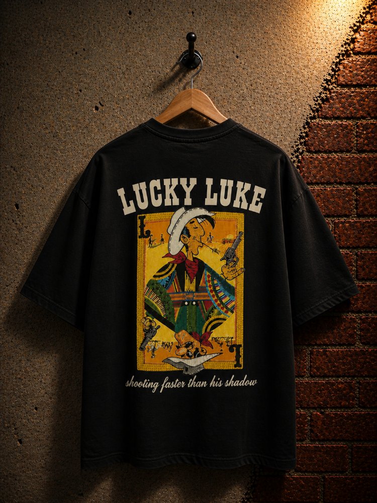 Lucky Luke Baskılı Oversize Siyah Tişört – Vintage Western Style