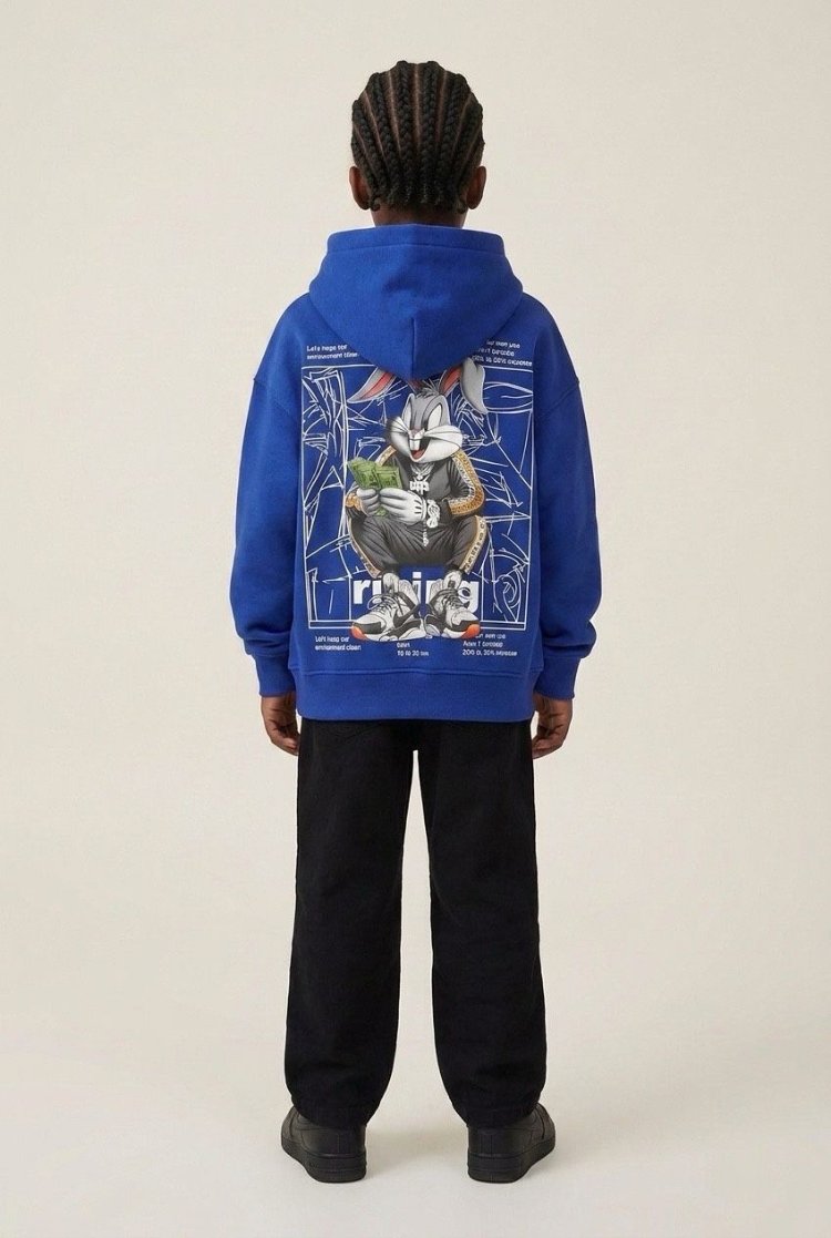 Çocuk Mavi Bugs Bunny Oversize Kapüşonlu Sweatshirt – Sırt Baskılı
