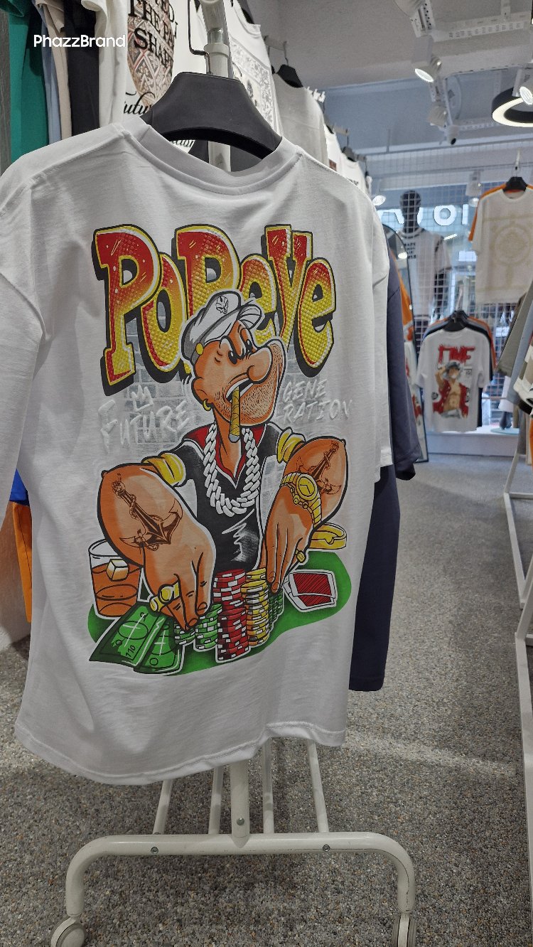 Popeye Poker Grafik Baskılı Oversize Beyaz Tişört