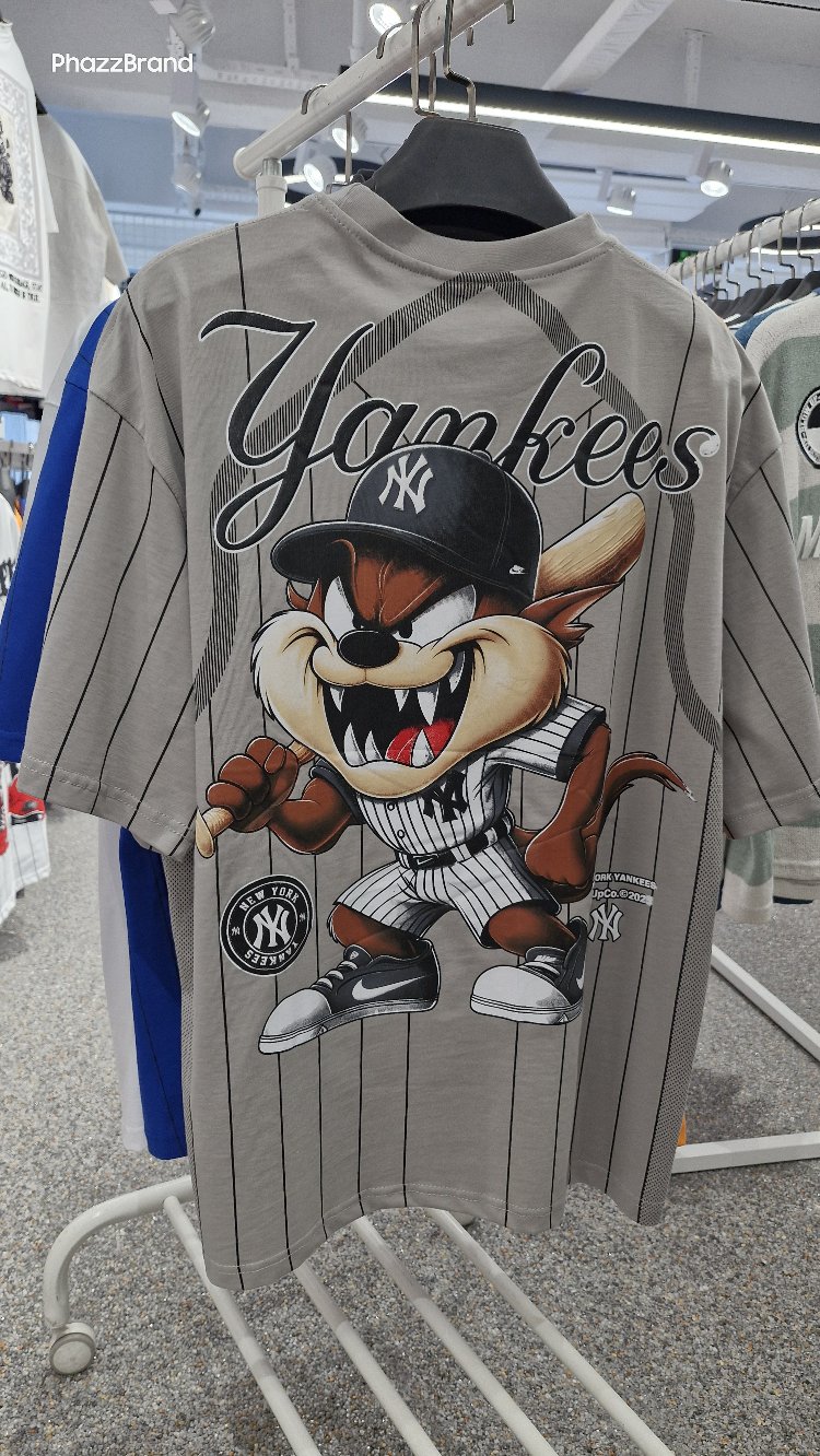 Yankees Oversize Tişört – Gri Çizgili Streetwear Baskılı Unisex