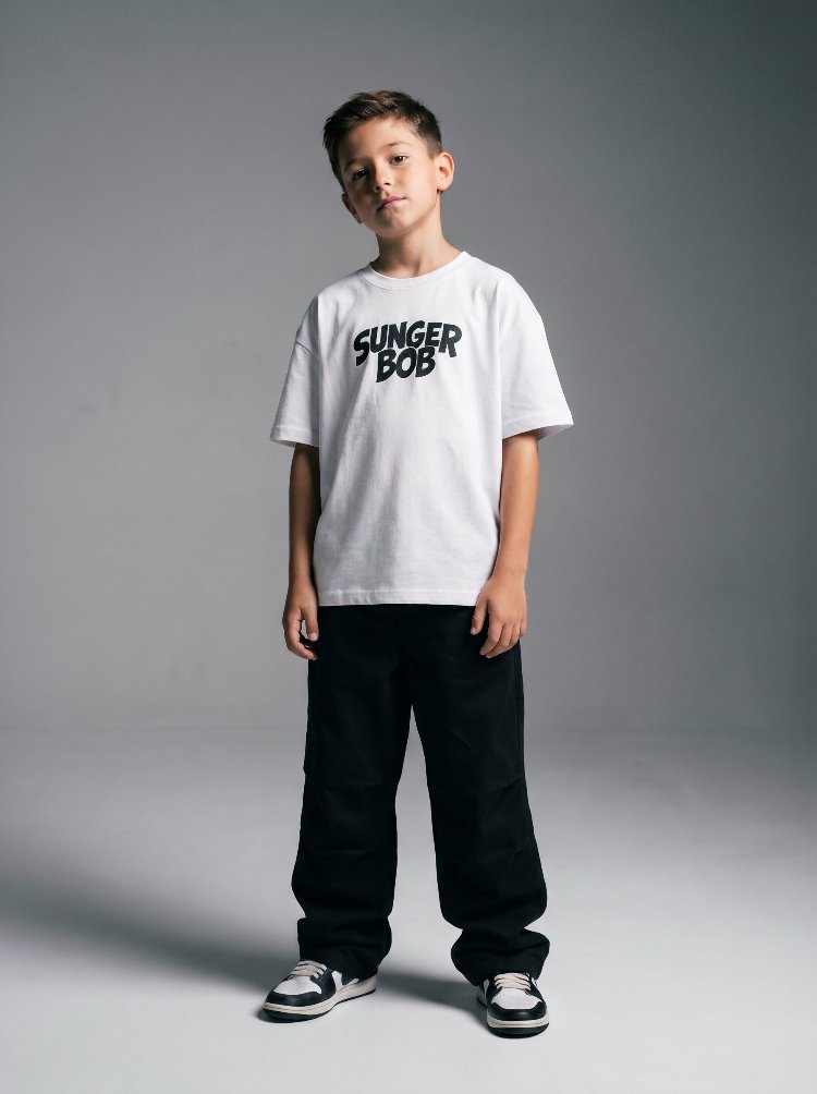 Çocuk Sunger Bob Grafik Baskılı Oversize Tişört – Turuncu Streetwear Model