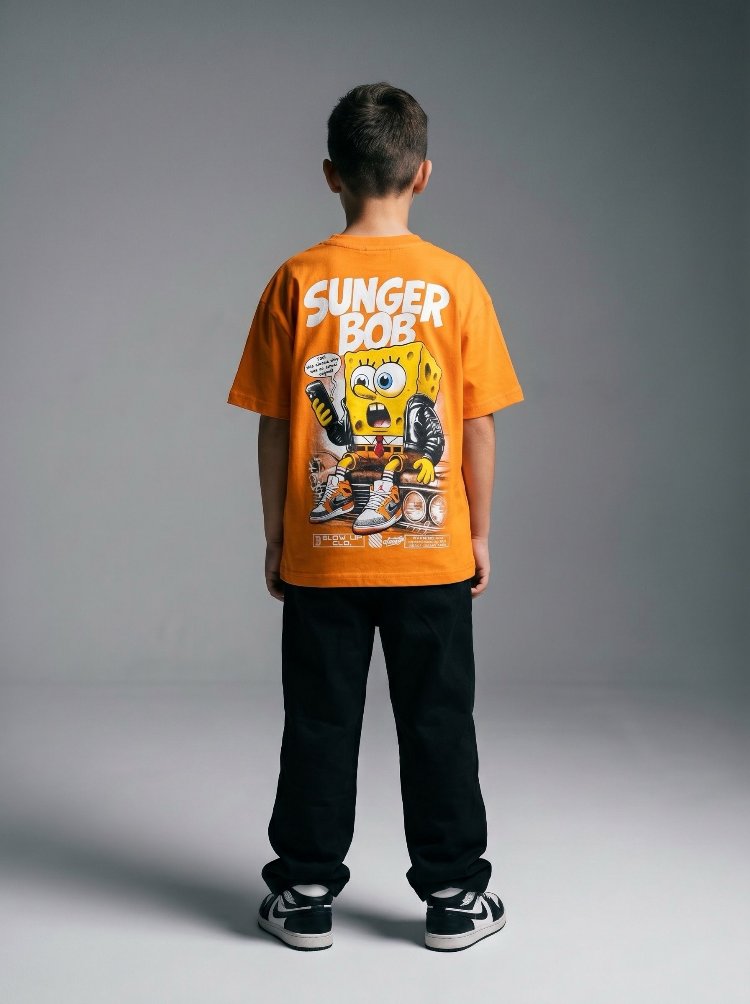 Çocuk  Sunger Bob Grafik Baskılı Oversize  Tişört – Turuncu Streetwear Model