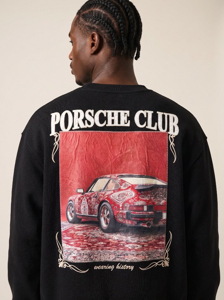 Porsche Club Klasik Araba Baskılı Oversize Sweatshirt – Siyah