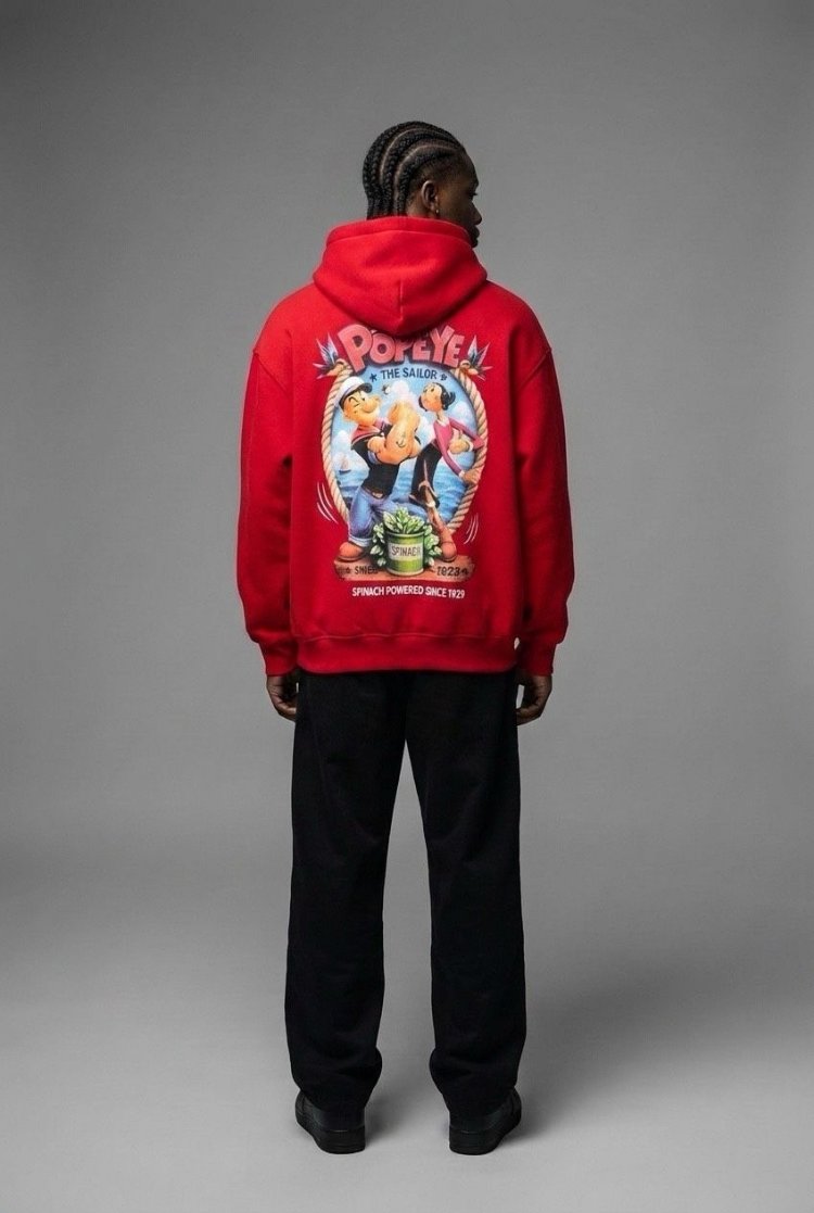 Popeye Oversize Unisex Kapüşonlu Sweatshirt – Kırmızı