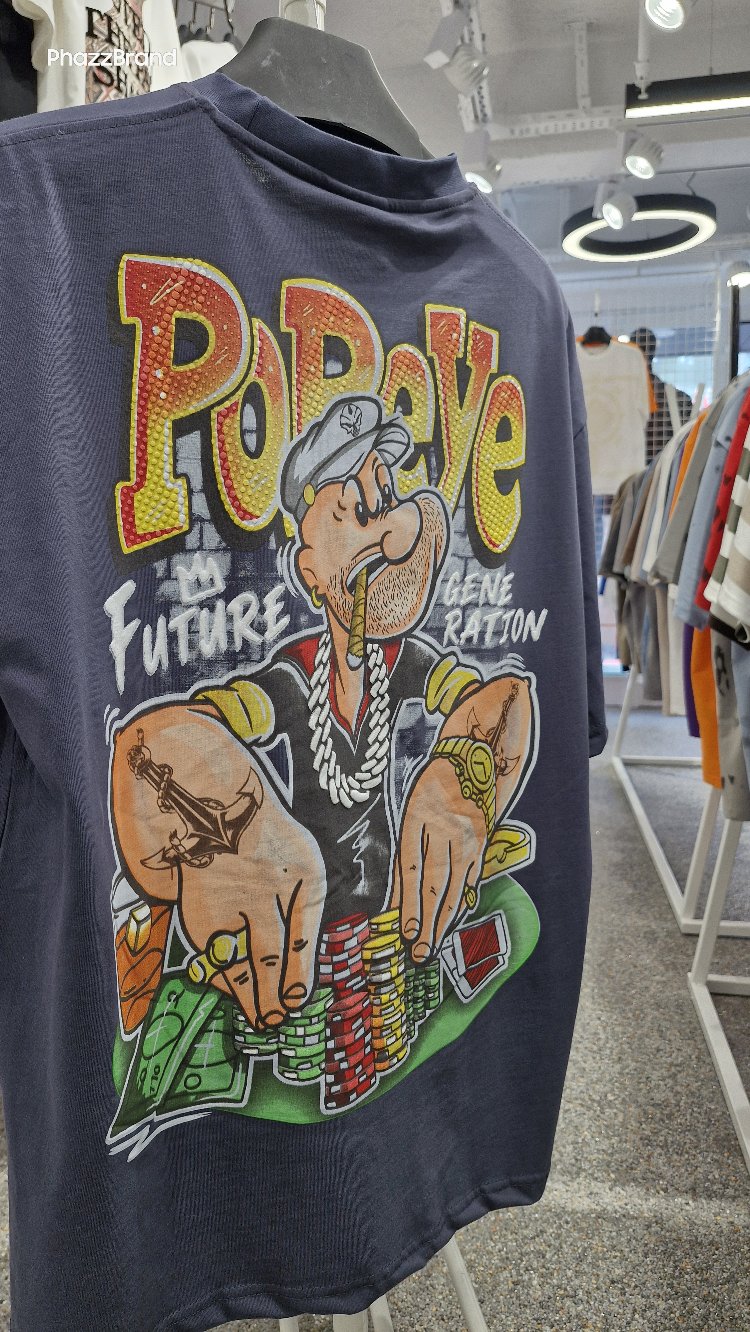 Popeye Poker Grafik Baskılı Oversize Siyah Tişört