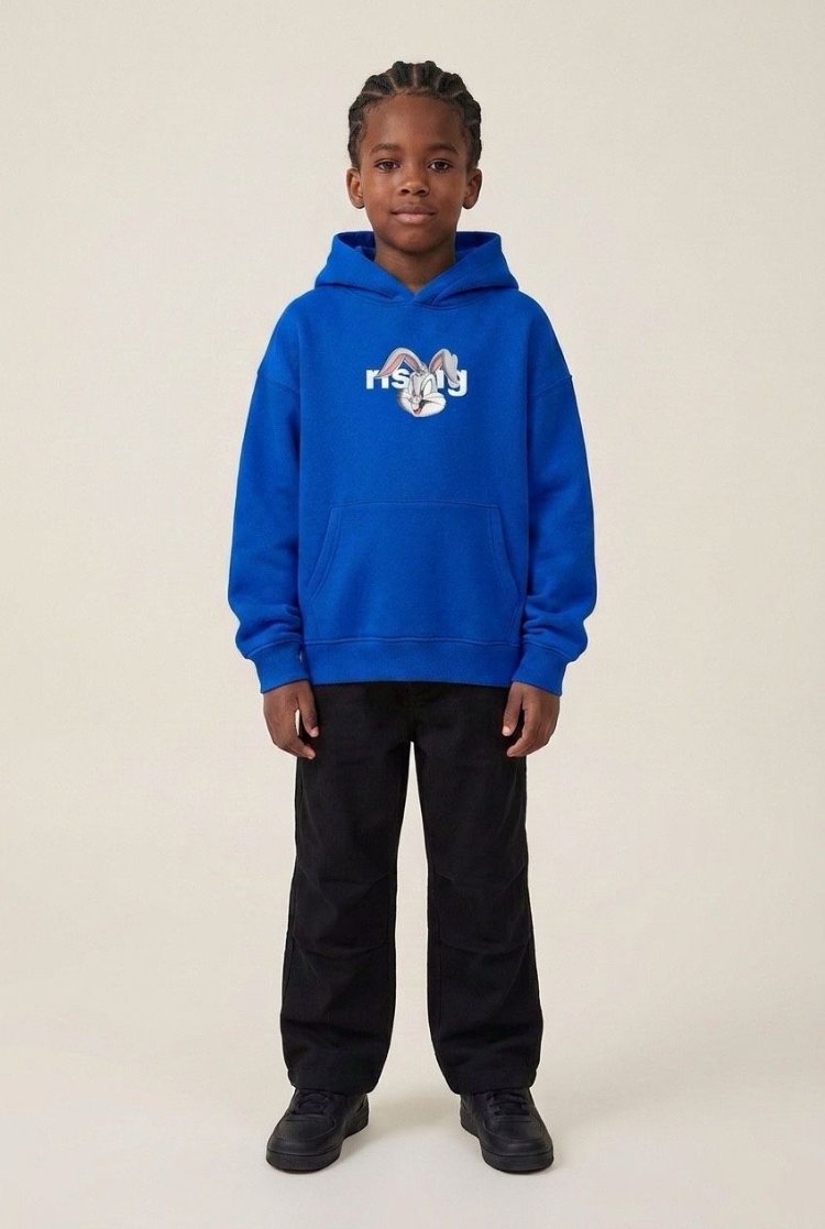 Çocuk Mavi Bugs Bunny Oversize Kapüşonlu Sweatshirt – Sırt Baskılı
