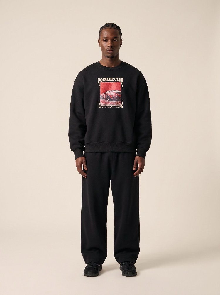 Porsche Club Klasik Araba Baskılı Oversize Sweatshirt – Siyah