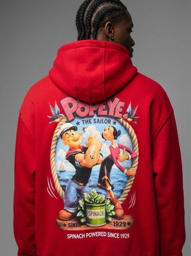 Popeye Oversize Unisex Kapüşonlu Sweatshirt – Kırmızı