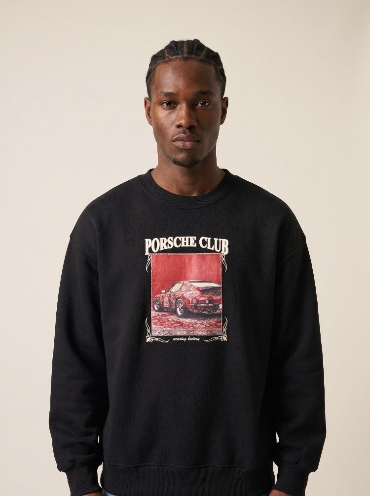 Porsche Club Klasik Araba Baskılı Oversize Sweatshirt – Siyah
