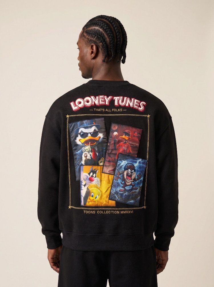 Looney Tunes Karakter Baskılı Oversize Sweatshirt – Siyah