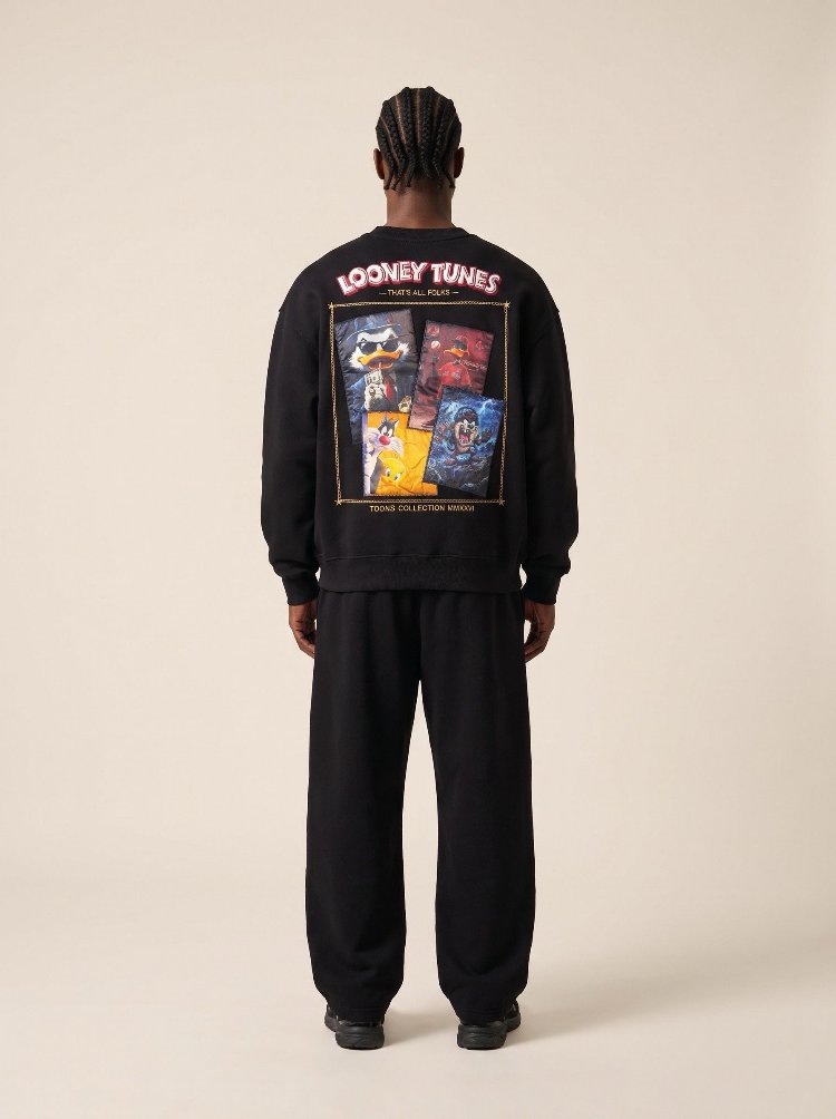 Looney Tunes Karakter Baskılı Oversize Sweatshirt – Siyah