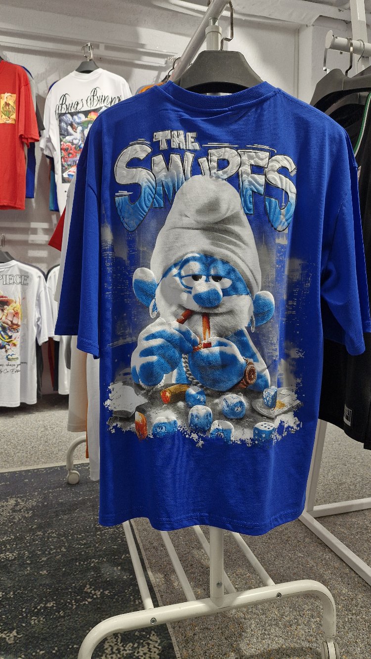 Phazz The Smurfs Baskılı Oversize Unisex Tişört – %100 Pamuk Streetwear