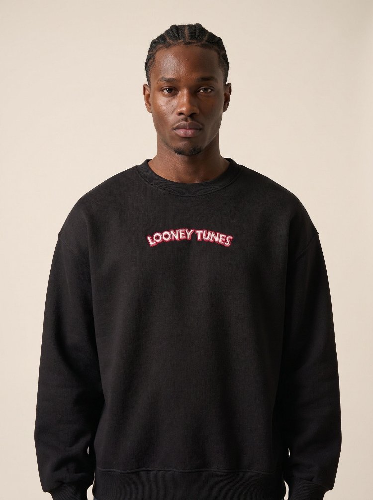Looney Tunes Karakter Baskılı Oversize Sweatshirt – Siyah