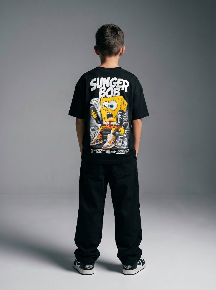 Çocuk Sunger Bob Grafik Baskılı Oversize Tişört – siyah Streetwear Model